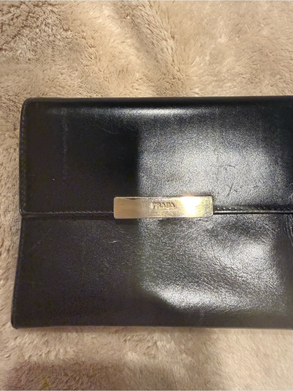 Prada Black Leather Men's Wallet Clutch with Gold Plate